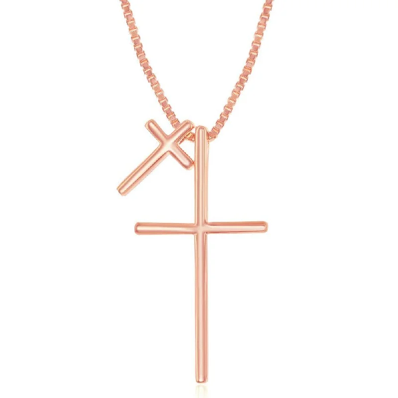 Women's necklaces radiant-link-Sterling Silver Rose Gold Plated Double Cross Necklace