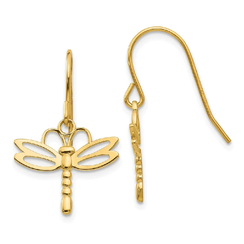 Women's earrings simple-pearl-Polished Dragonfly Dangle Earrings in 14k Yellow Gold