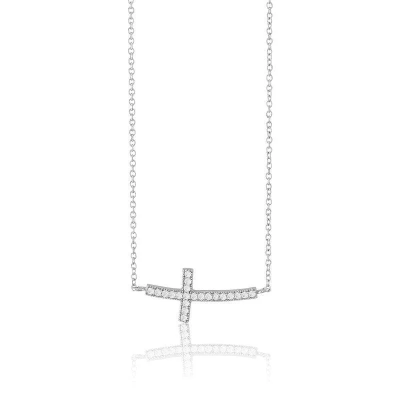 Women's necklaces shimmering-blush-Sterling Silver Curved Sideways Cross CZ Necklace