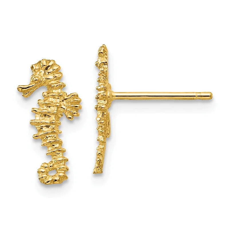 Women's earrings sleek-drop-Mini Textured Seahorse Post Earrings in 14k Yellow Gold