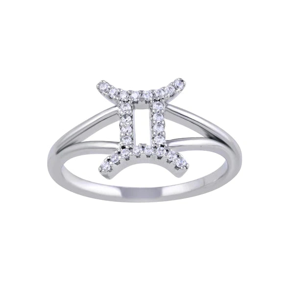 Women's rings tribal-vibe-Sterling Silver 925 Rhodium Plated Gemini CZ Zodiac Sign Ring