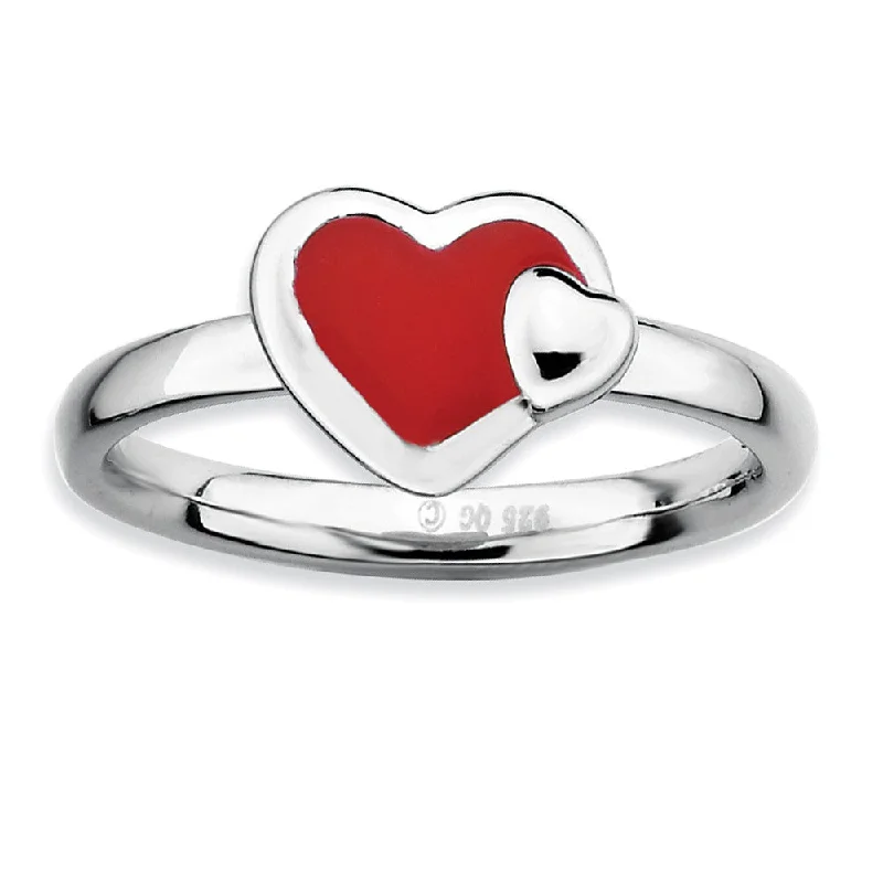 Women's rings quirky-design-Sterling Silver Stackable Red Enameled Heart Ring