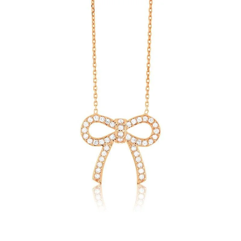 Women's necklaces luxe-stone-Sterling Silver Rose Gold Plated CZ Bow Necklace