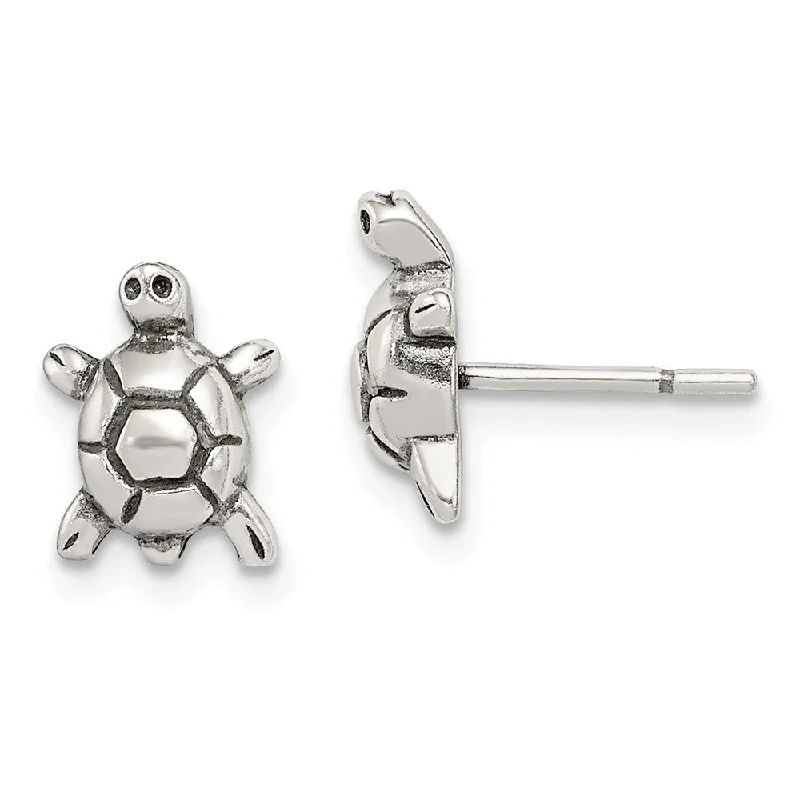 Women's earrings subtle-silver-Kids Antiqued Turtle Post Earrings in Sterling Silver