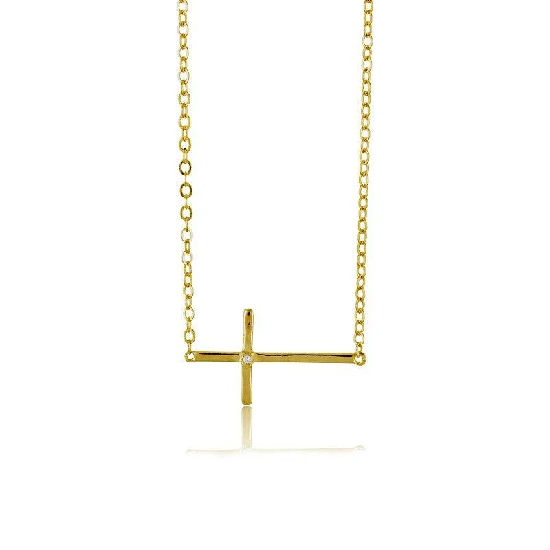 Women's necklaces twinkling-accent-Sterling Silver Gold Sideways Cross CZ Necklace