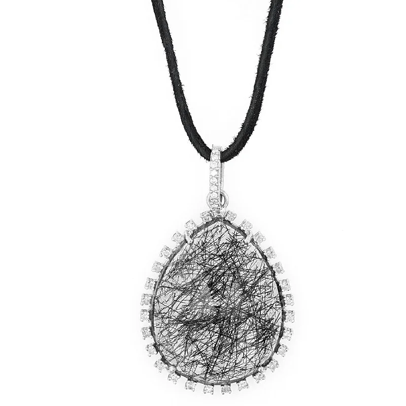 Women's necklaces airy-luxe-Rutilated Quartz Teardrop Pendant with Diamonds on Suede Cord Necklace  N0003431