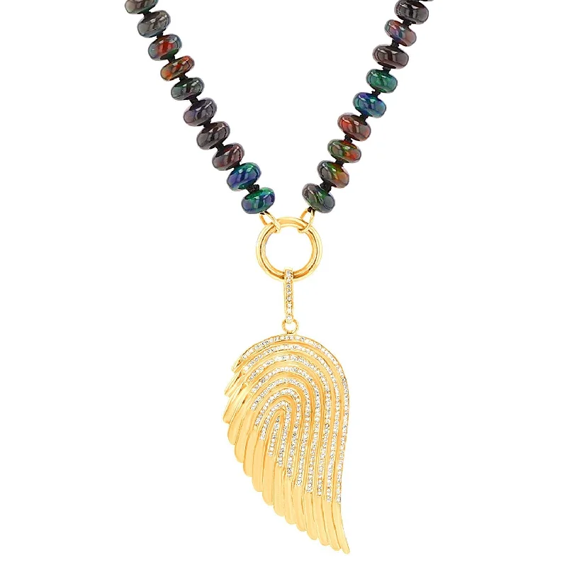 Women's necklaces ornate-shine-14k Diamond Angel Wing on Hand Knotted Ethiopian Black Opal Necklace NG002817