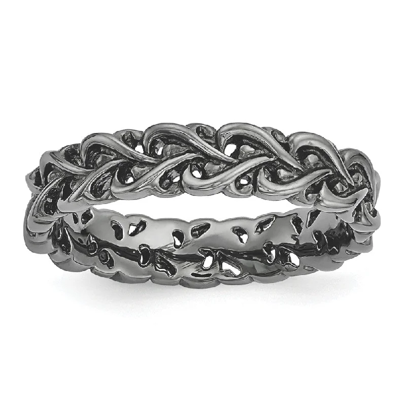 Women's rings tribal-chic-4.5mm Black Plated Sterling Silver Stackable Carved Heart Band