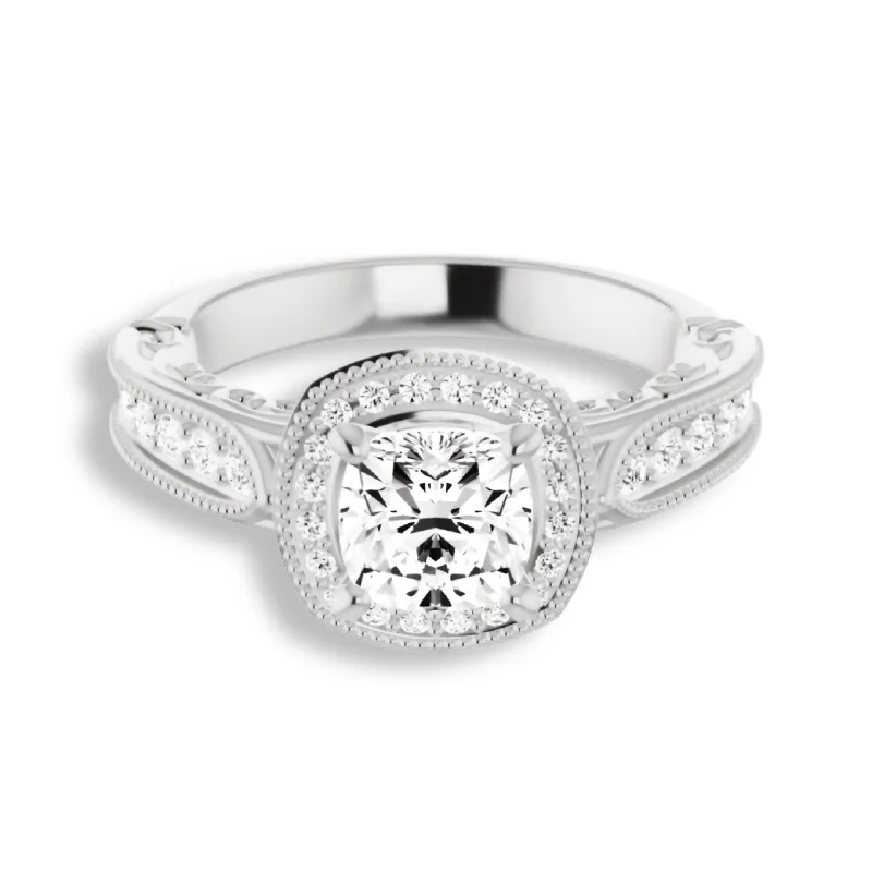 Women's engagement rings radiant-carve-Vintage Style Cushion Cut Diamond Halo Engagement Ring