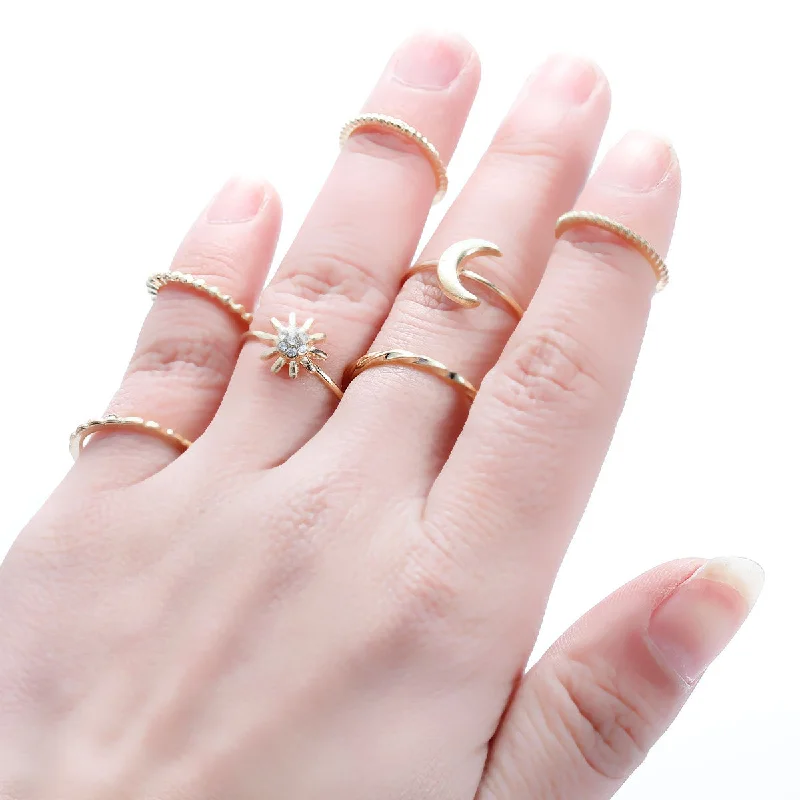 Women's rings radiant-crystal-Sexy Sparkles 7PCS Vintage Moon Flower Joint Knuckle Nail Midi Ring Set