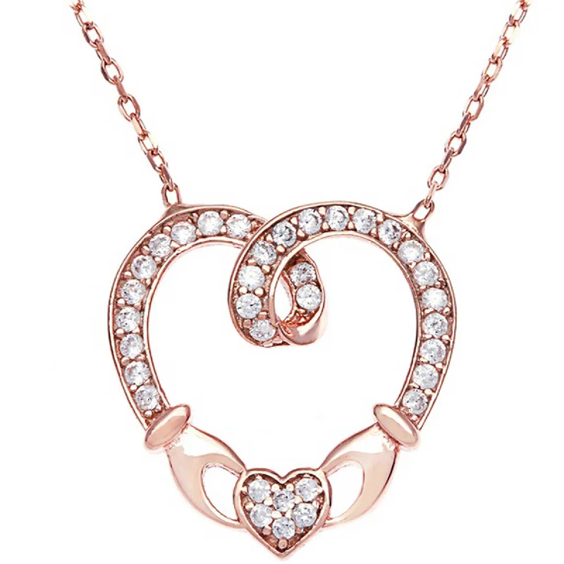 Women's necklaces sculpted-link-Classic Women's Necklace - Sterling Silver 16+2 Rose GP CZ Claddagh Heart | M-4647