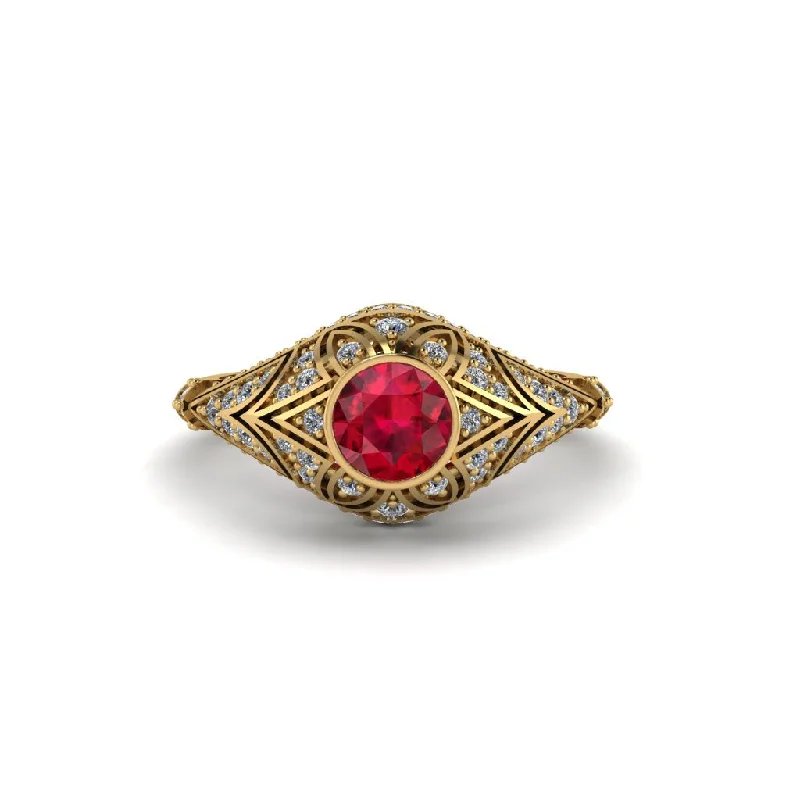 Women's engagement rings antique-halo-Ruby Bezel Vintage Filigree Engagement Ring - Kendall No. 10