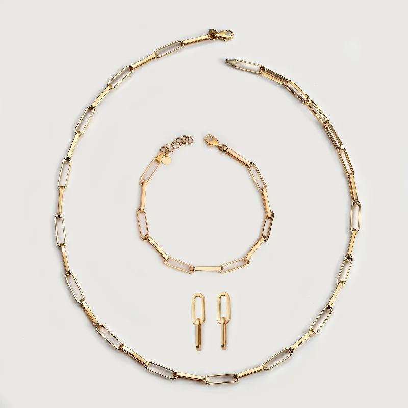 Unisex bracelets industrial-chic-14K Paperclip Necklace + Paperlink Bracelet in 14K Gold + 9K Paperclip Earring in Gold