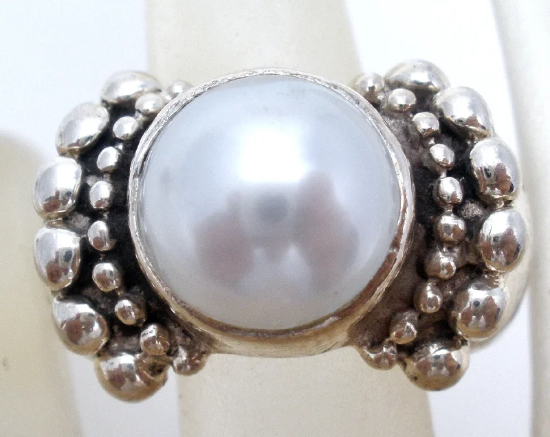 Women's rings futuristic-Sterling Silver Faux Pearl Ring Size 9