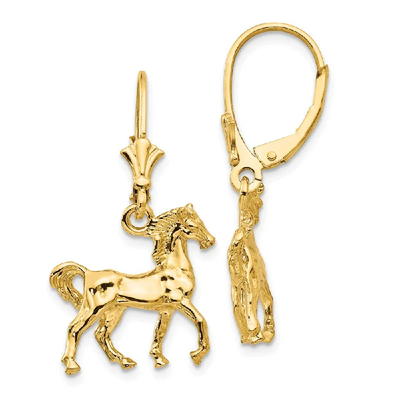 Women's earrings dainty-silver-Polished 3D Horse Lever Back Earrings in 14k Yellow Gold