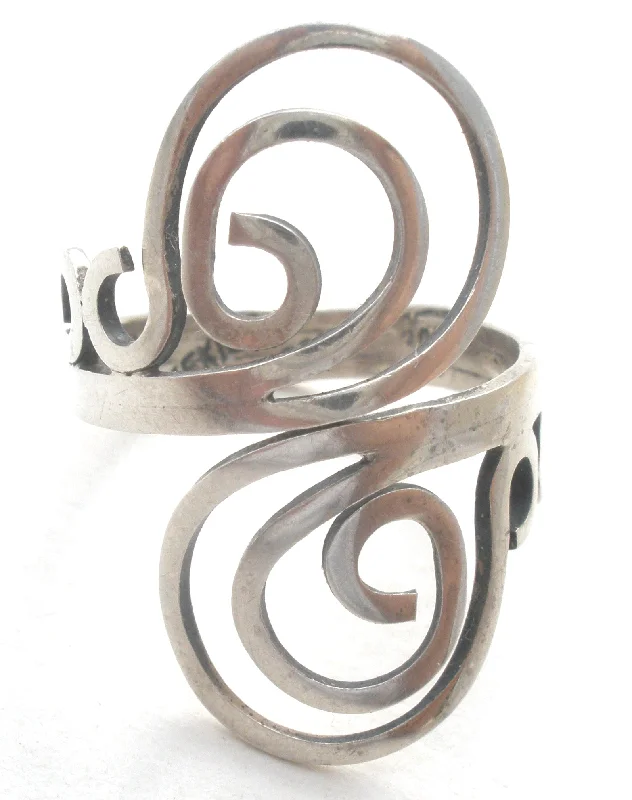 Women's rings bold-taper-Taxco Sterling Silver Wide Swirl Knuckle Size 7.5