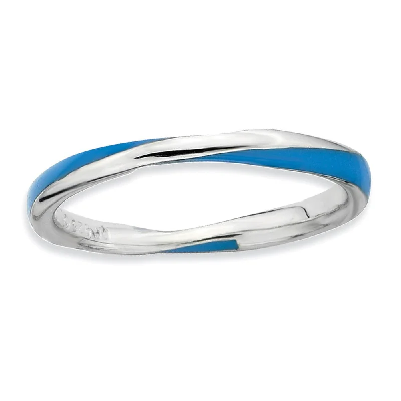 Women's rings nature-inspired-2.5mm Silver Twisted Blue Enameled Stackable Band