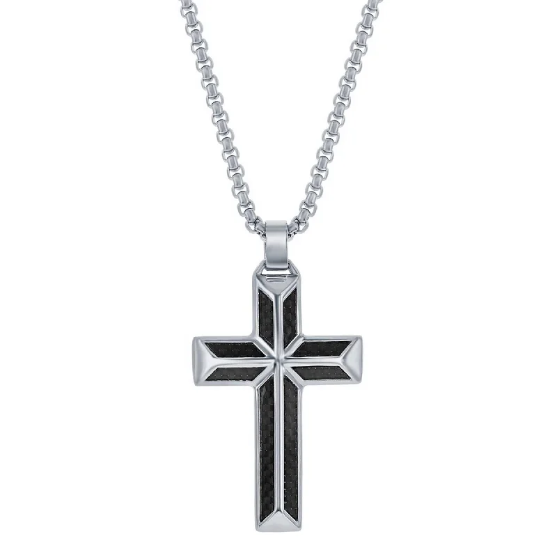 Women's necklaces ornate-chic-Blackjack Men's Necklace - Stainless Steel Black Carbon Fiber Cross Pendant | SL-7088