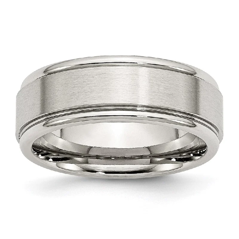 Women's rings bold-edge-8mm Stainless Steel Brushed Flat Center Polished Grooved Edge Band