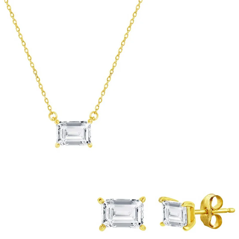 Women's necklaces gala-stone-Classic Women's Necklace and Earrings Set - Gold Solitaire Rectangle CZ | SET-609