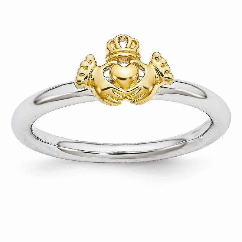 Women's rings vivid-gemstone-Rhodium & Gold Tone Plated Sterling Silver Stackable Claddagh Ring