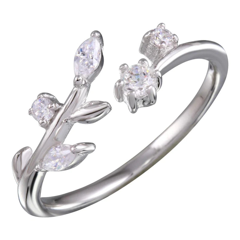 Women's rings ornate-luster-Silver 925 Rhodium Plated Stem Ring with CZ