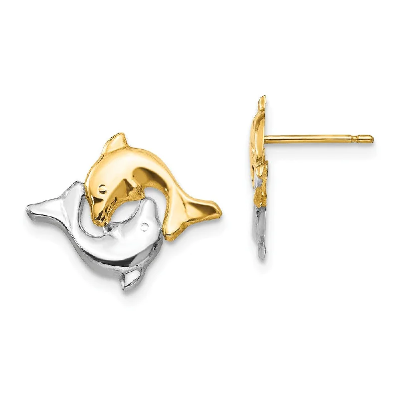 Women's earrings polished-gem-Two-Tone Frolicking Dolphins Post Earrings in 14k Gold and Rhodium