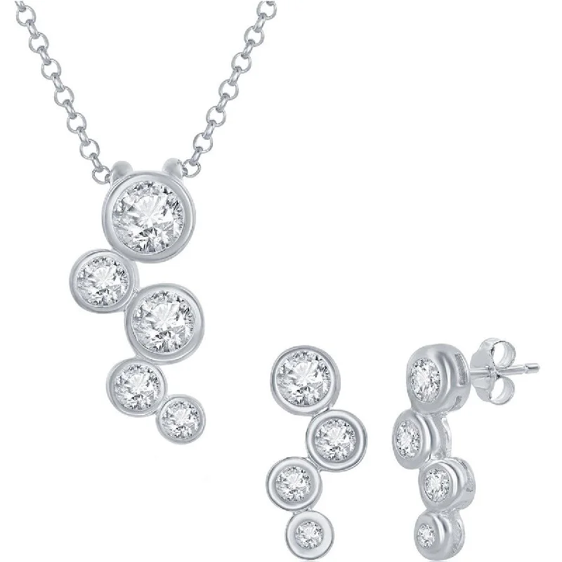 Women's necklaces romantic-hue-Classic Women's Necklace and Earrings Set - White CZ Stone Bubble Silver | HS-4092