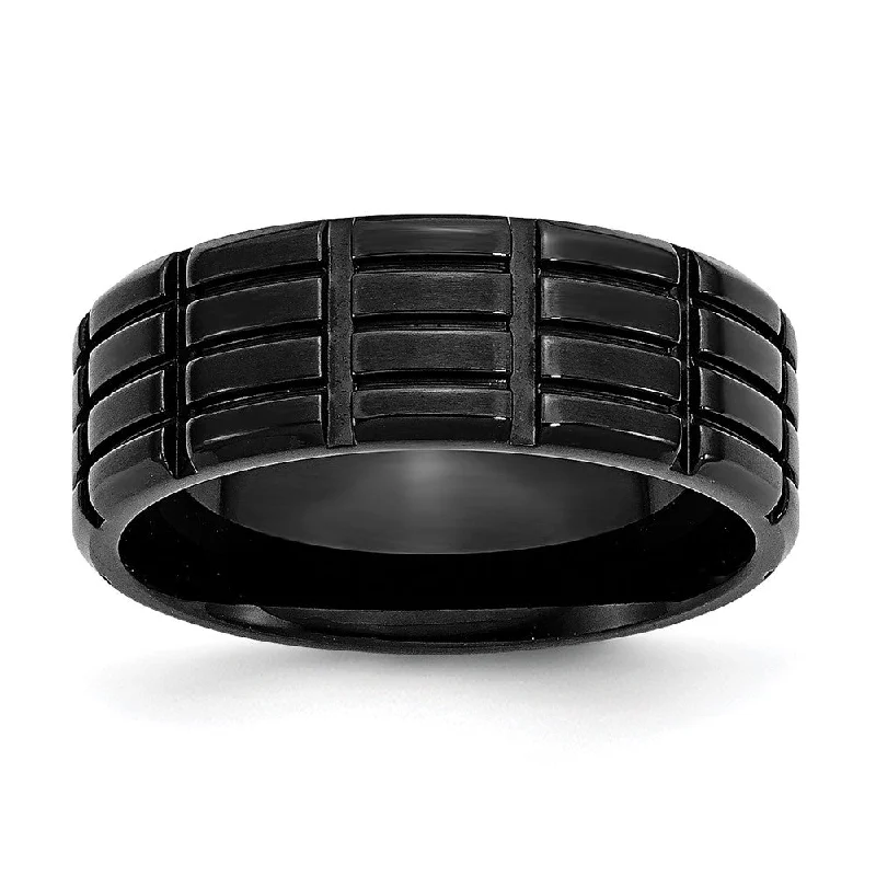 Women's rings tapered-ring-Men's 8mm Black Plated Stainless Steel Grooved Standard Fit Band