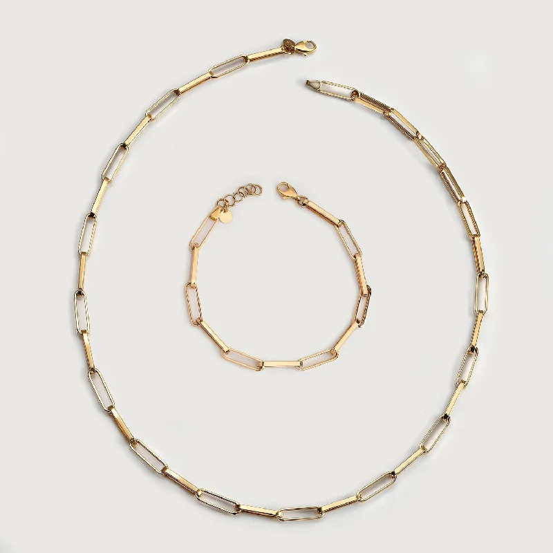 Unisex bracelets hand-carved-Paperclip Necklace + Paperlink Bracelet in 14K Gold