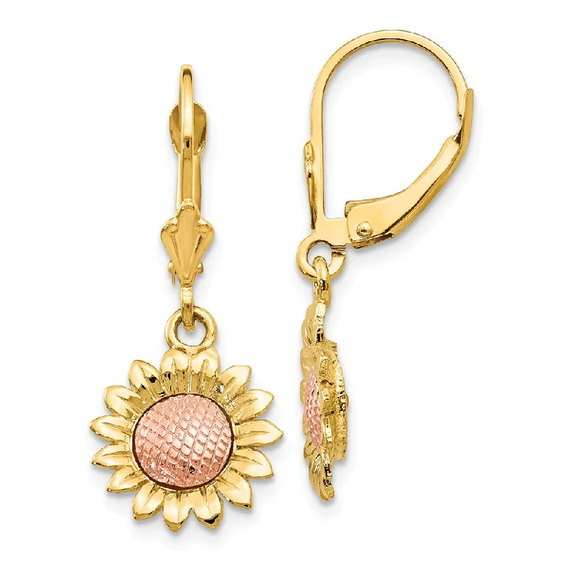 Women's earrings sleek-chain-Two Tone Sunflower Lever Back Earrings in 14k Yellow and Rose Gold