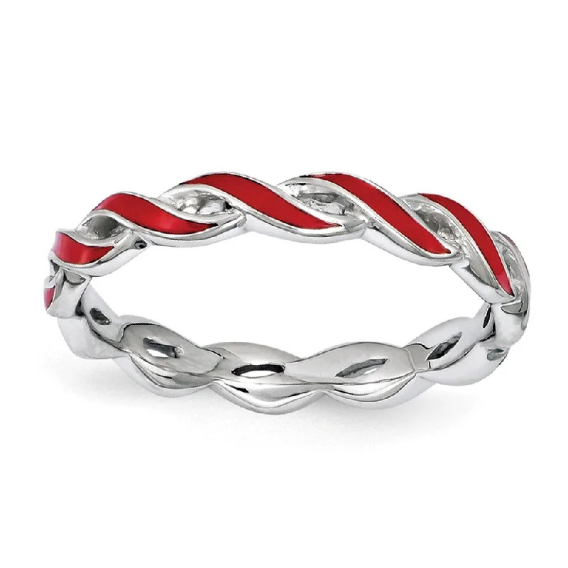 Women's rings coral-stone-2mm Sterling Silver Stackable Expressions Red Enamel Swirl Band