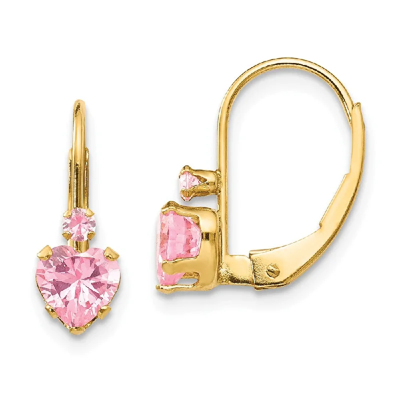 Women's earrings polished-gold-Kids Pink Cubic Zirconia Heart Lever Back Earrings in 14k Yellow Gold