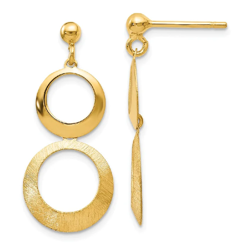 Women's earrings dainty-pearl-Polished & Brushed Double Circle Dangle Earrings in 14k Yellow Gold