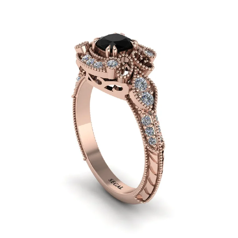 Women's engagement rings dainty-stone-Black Diamond Vintage Filigree Cushion Cut Engagement Ring - Elaina No. 8