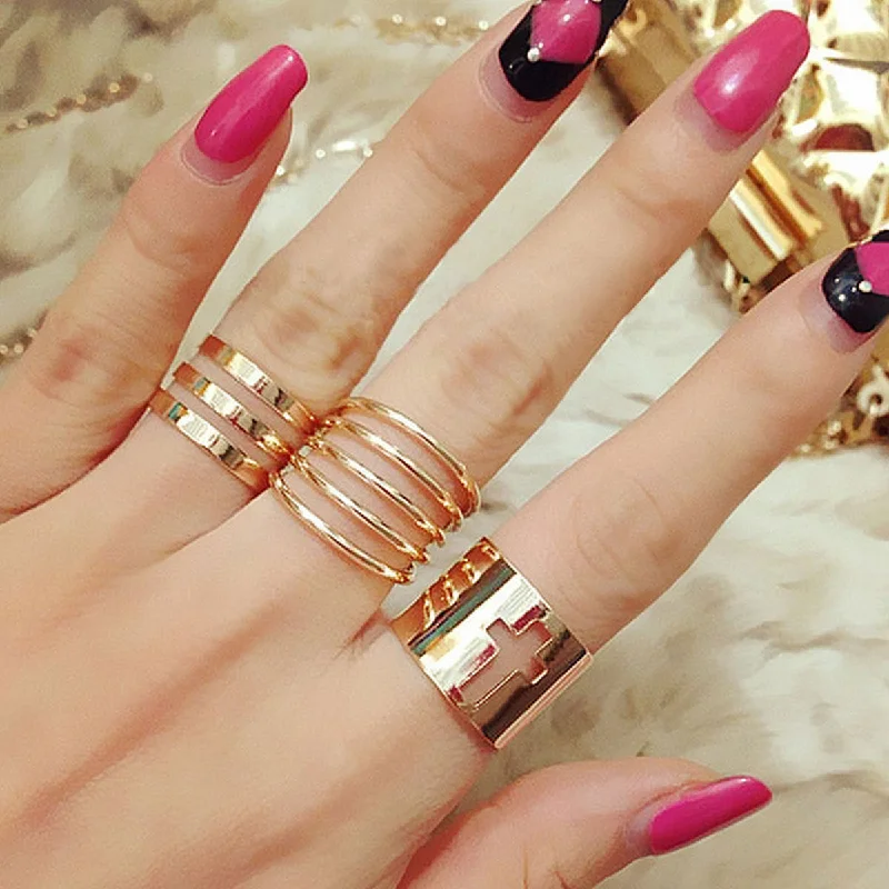 Women's rings casual-stone-Sexy Sparkles Adjustable Women's Band Knuckle Midi Ring Set Gold Tone Cross & Stripes Pattern 1 Set(3pcs)