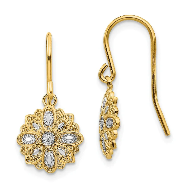 Women's earrings dainty-gold-10mm Floral Dangle Earrings in 14k Yellow Gold and White Rhodium