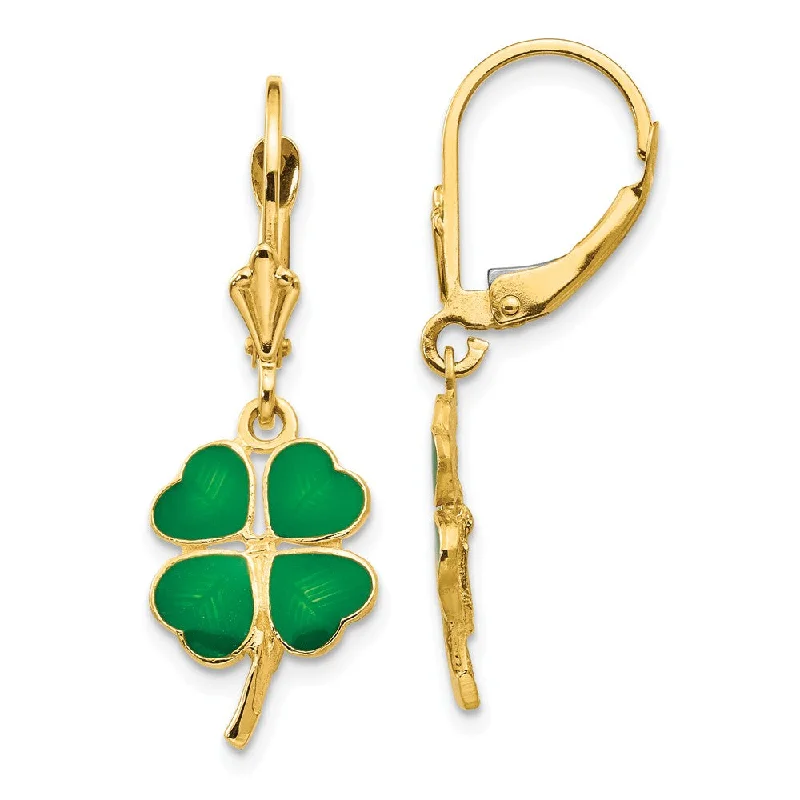 Women's earrings small-drop-Green 4-Leaf Clover Lever Back Earrings in 14k Yellow Gold and Enamel