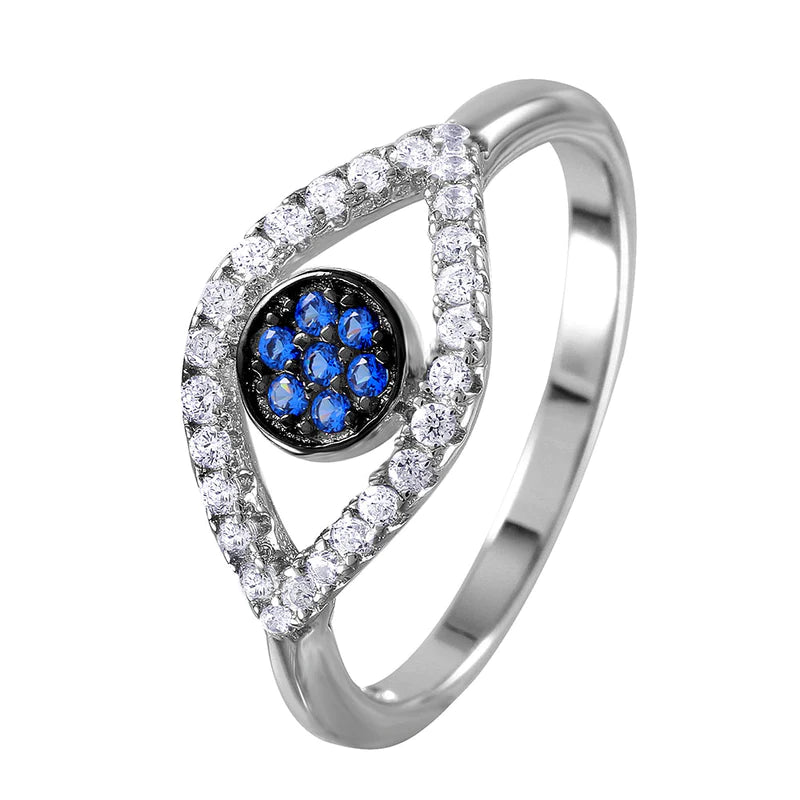 Women's rings dainty-gift-Silver 925 Rhodium Plated Open Evil Eye Ring with Blue Center Stones