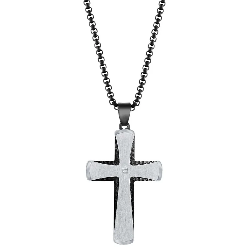 Women's necklaces hand-glossed-Metallo Men's Necklace - Stainless Steel Black and Silver Single CZ Cross | SL-7119