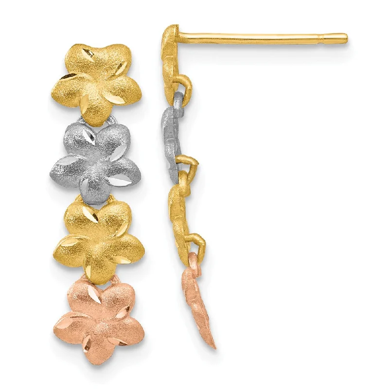 Women's earrings subtle-dot-Stacked Plumeria Blossom Post Earrings in 14k Tri Color Gold