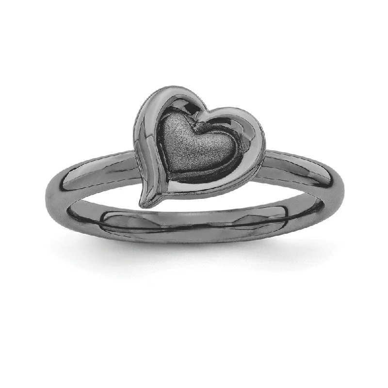 Women's rings satin-edge-Black Plated Sterling Silver Stackable 9mm Heart Ring