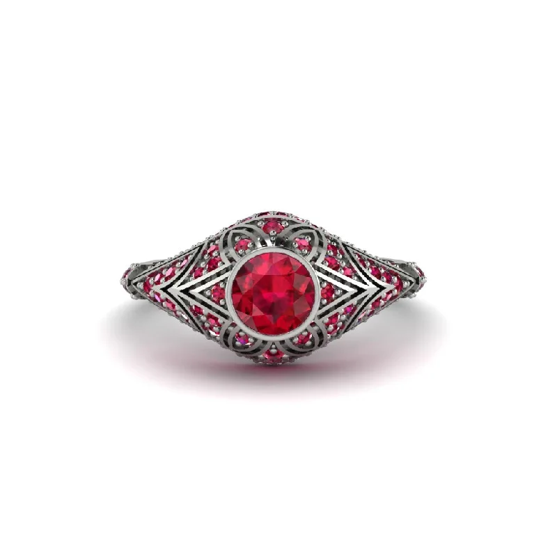 Women's engagement rings luxe-gem-Ruby Bezel Vintage Filigree Engagement Ring - Kendall No. 57