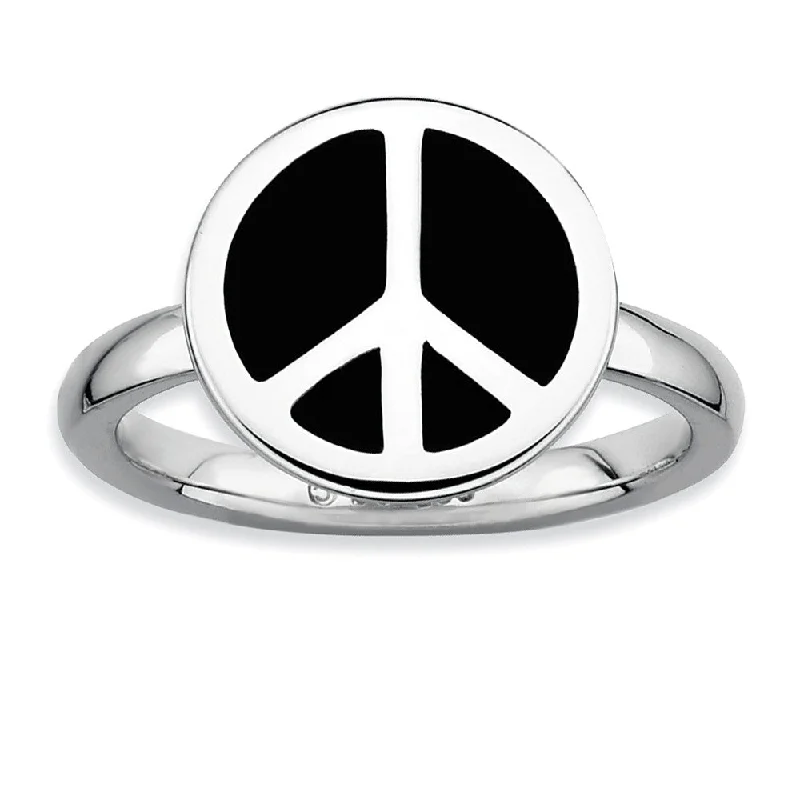 Women's rings micro-silver-Sterling Silver Stackable Black Enameled Peace Sign Ring