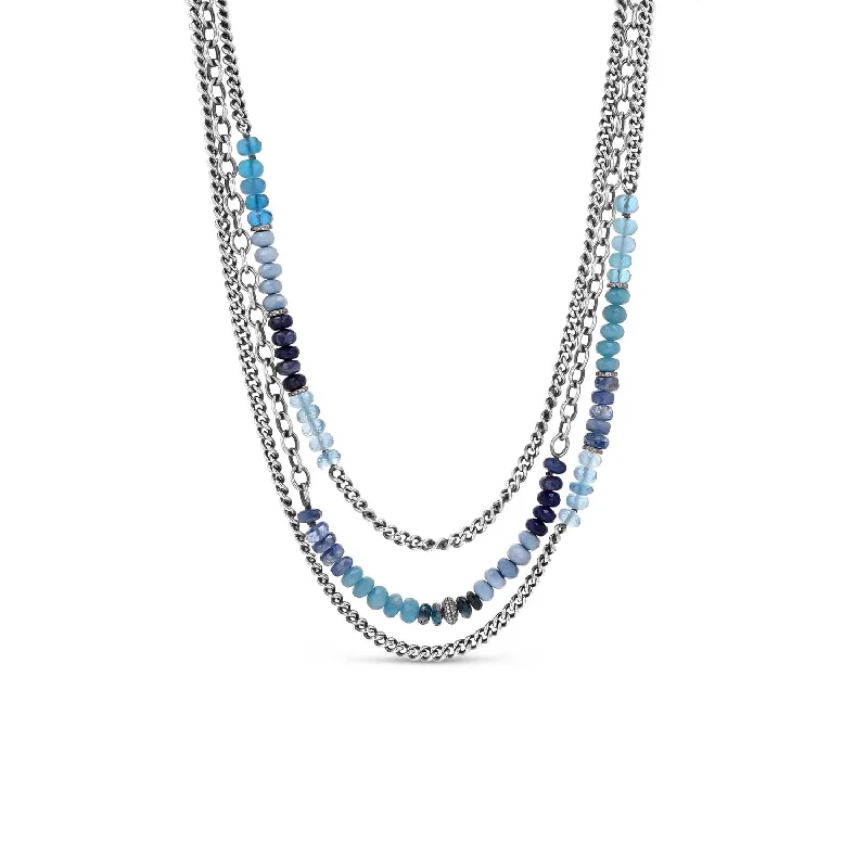 Women's necklaces whimsical-Ocean Reverence Blue Bead & Multi Chain Layer Necklace with Pave Diamond Beads  N0002789