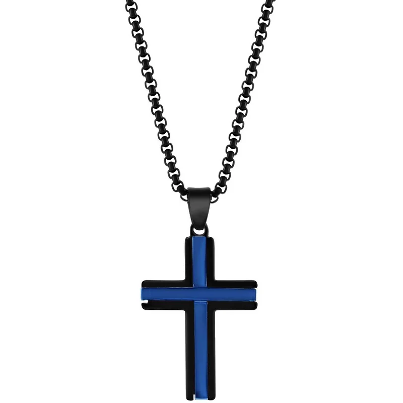 Women's necklaces fine-satin-Metallo Men's Necklace - Stainless Steel Black and Blue Plated 24 inch Cross | SL-7125