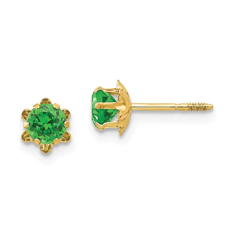 Women's earrings sleek-chain-Kids 4mm Synthetic Emerald Screw Back Stud Earrings in 14k Yellow Gold