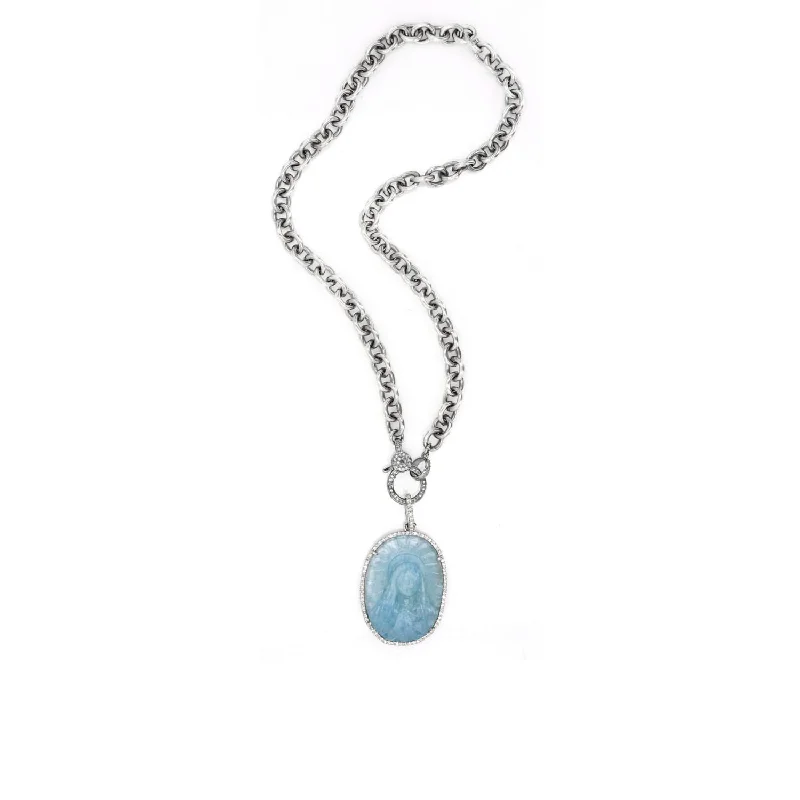 Women's necklaces everlasting-chic-Aquamarine Madonna Diamond Halo Pendant Chain Necklace - 17"  N0003069