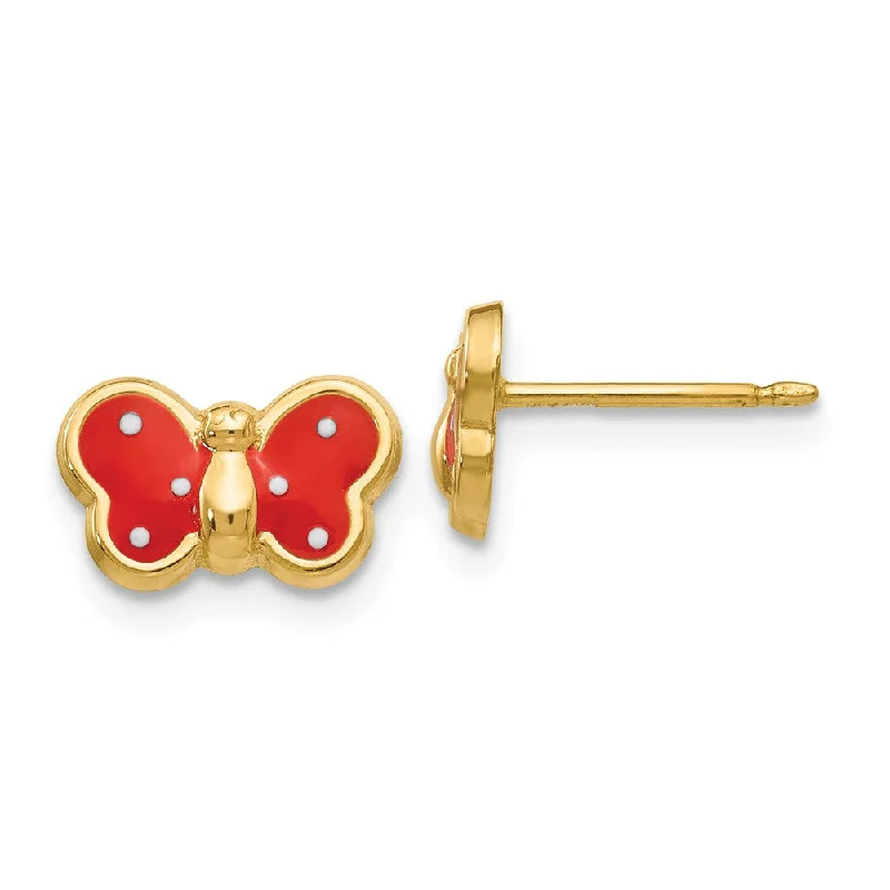 Women's earrings simple-gem-Kids 10mm Red Butterfly Post Earrings in 14k Yellow Gold and Enamel