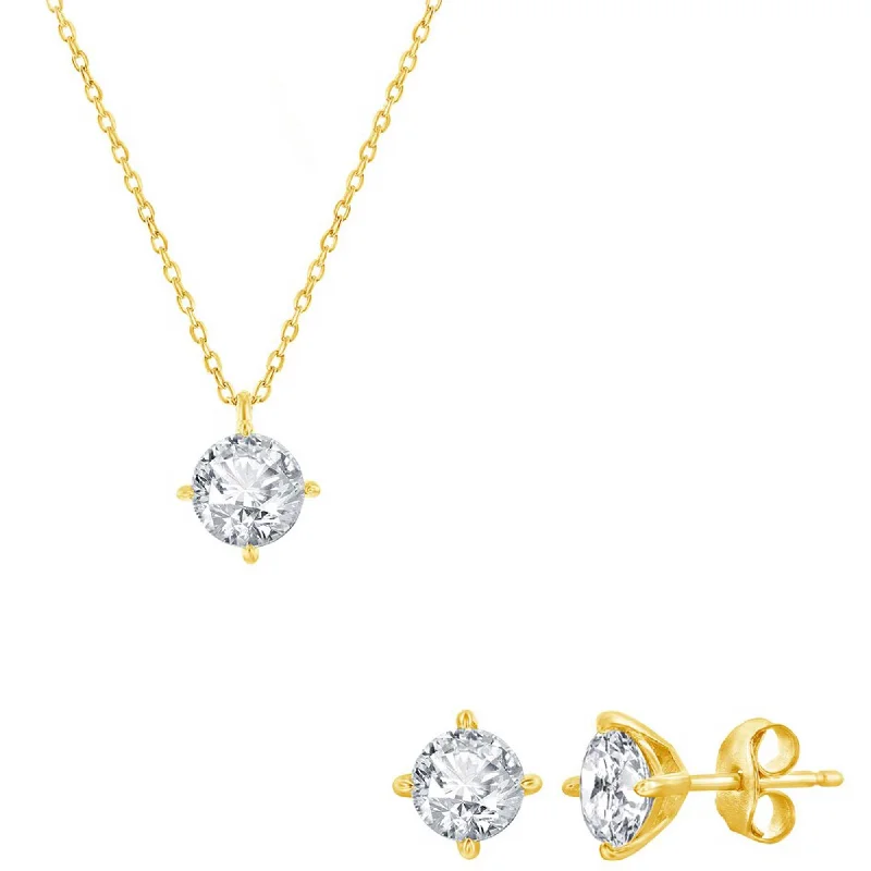 Women's necklaces radiant-edge-Classic Women's Necklace and Earrings Set - Gold Solitaire Round White CZ | SET-620